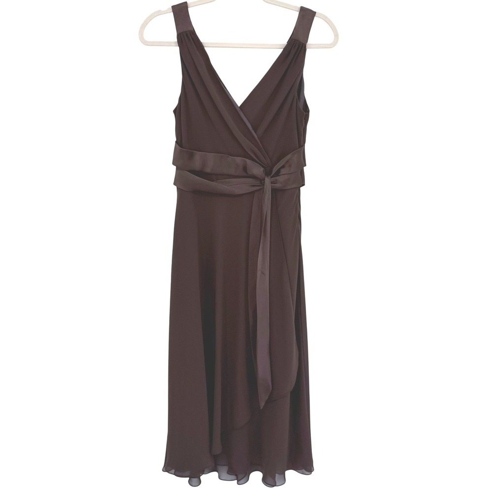 Evan Picone Brown Chiffon V-Neck Sleeveless Cocktail‎ Dress with Satin Sash 10